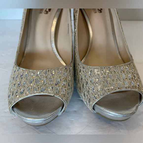 Coach Silver Glitter Peep Toe Stilettos Heels Shoes Size 8 1/2 M - Picture 7 of 12